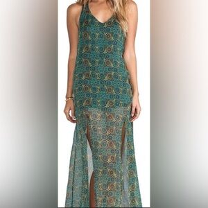 RVCA Glenn Racerback  Flowy Front Slit Printed chiffon Maxi Dress Sz XS